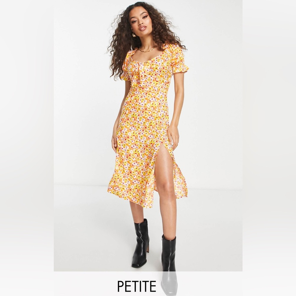 ASOS influence PETITE puff sleeve midi dress in orange floral size UK8 & UK12